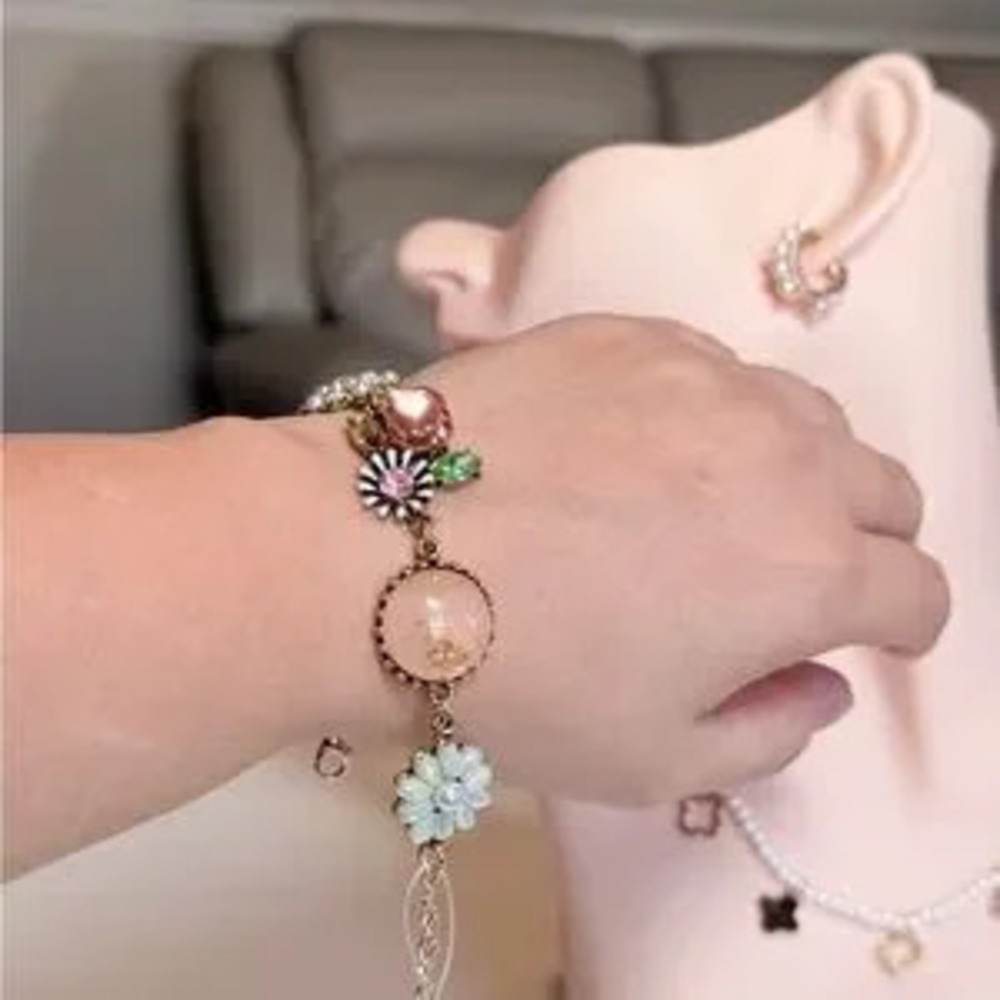 Delicate Floral Multi-Color Bracelet - Gold Tone